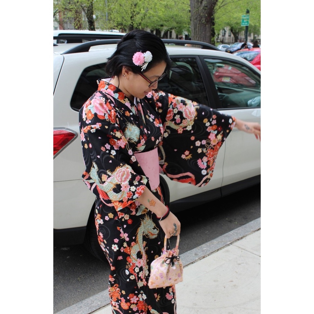 Black Pink Sakura Dragon Cotton Yukata